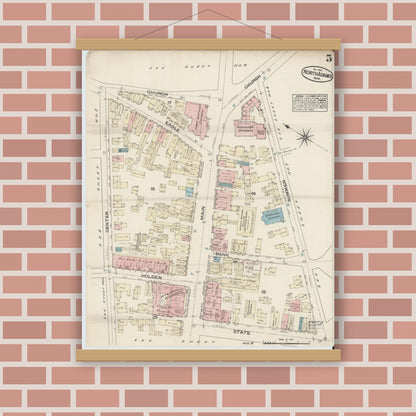 Old map wall art mockup — magnetic wood frame on brick wall — Sanborn Fire Insurance Map from North Adams, Berkshire County, Massachusetts (1884), Sheet #0005