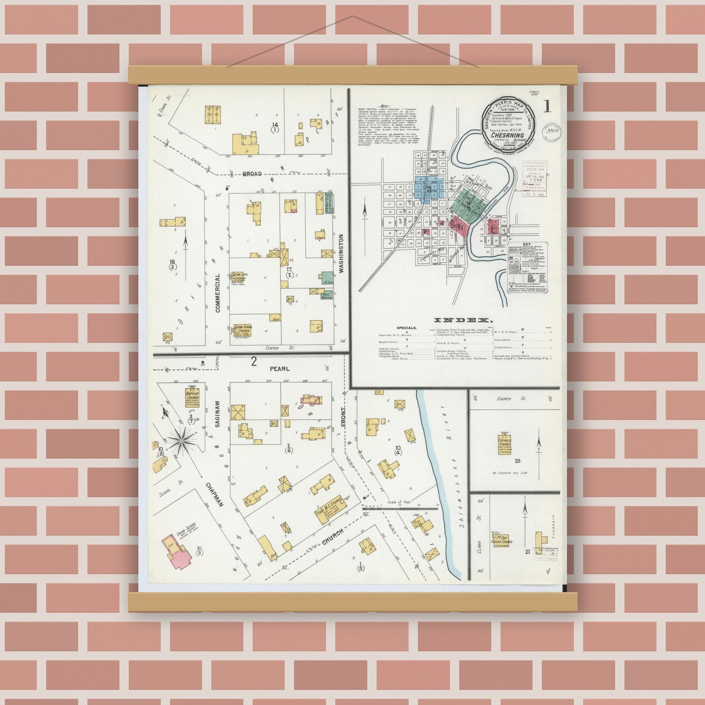 Old map wall art mockup — magnetic wood frame on brick wall — Sanborn Fire Insurance Map from Chesaning, Saginaw County, Michigan (1900), Sheet #0001