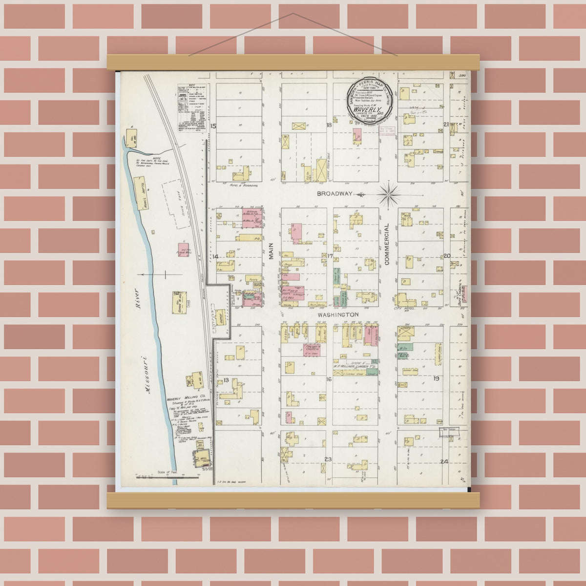 Old map wall art mockup — magnetic wood frame on brick wall — Sanborn Fire Insurance Map from Waverly, Lafayette County, Missouri (1892), Sheet #0001