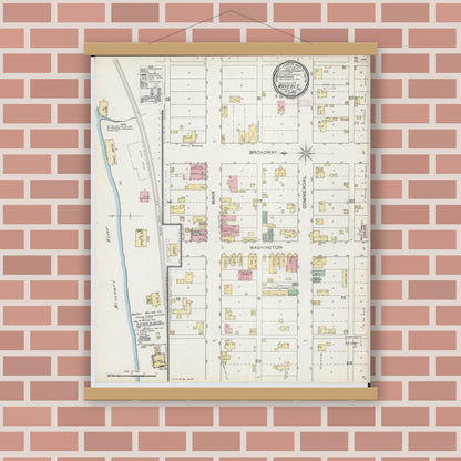 Old map wall art mockup — magnetic wood frame on brick wall — Sanborn Fire Insurance Map from Waverly, Lafayette County, Missouri (1892), Sheet #0001