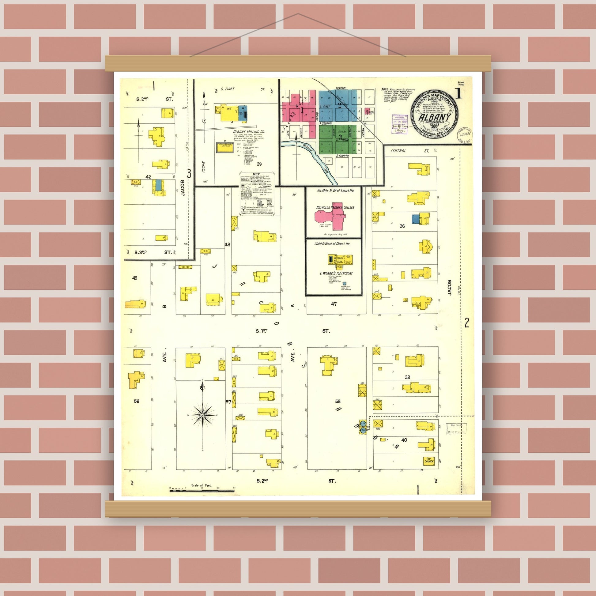 Old map wall art mockup — magnetic wood frame on brick wall — Sanborn Fire Insurance Map from Albany, Shackelford County, Texas (1902), Sheet #0001