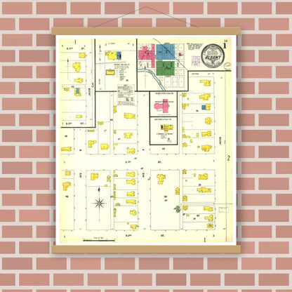 Old map wall art mockup — magnetic wood frame on brick wall — Sanborn Fire Insurance Map from Albany, Shackelford County, Texas (1902), Sheet #0001