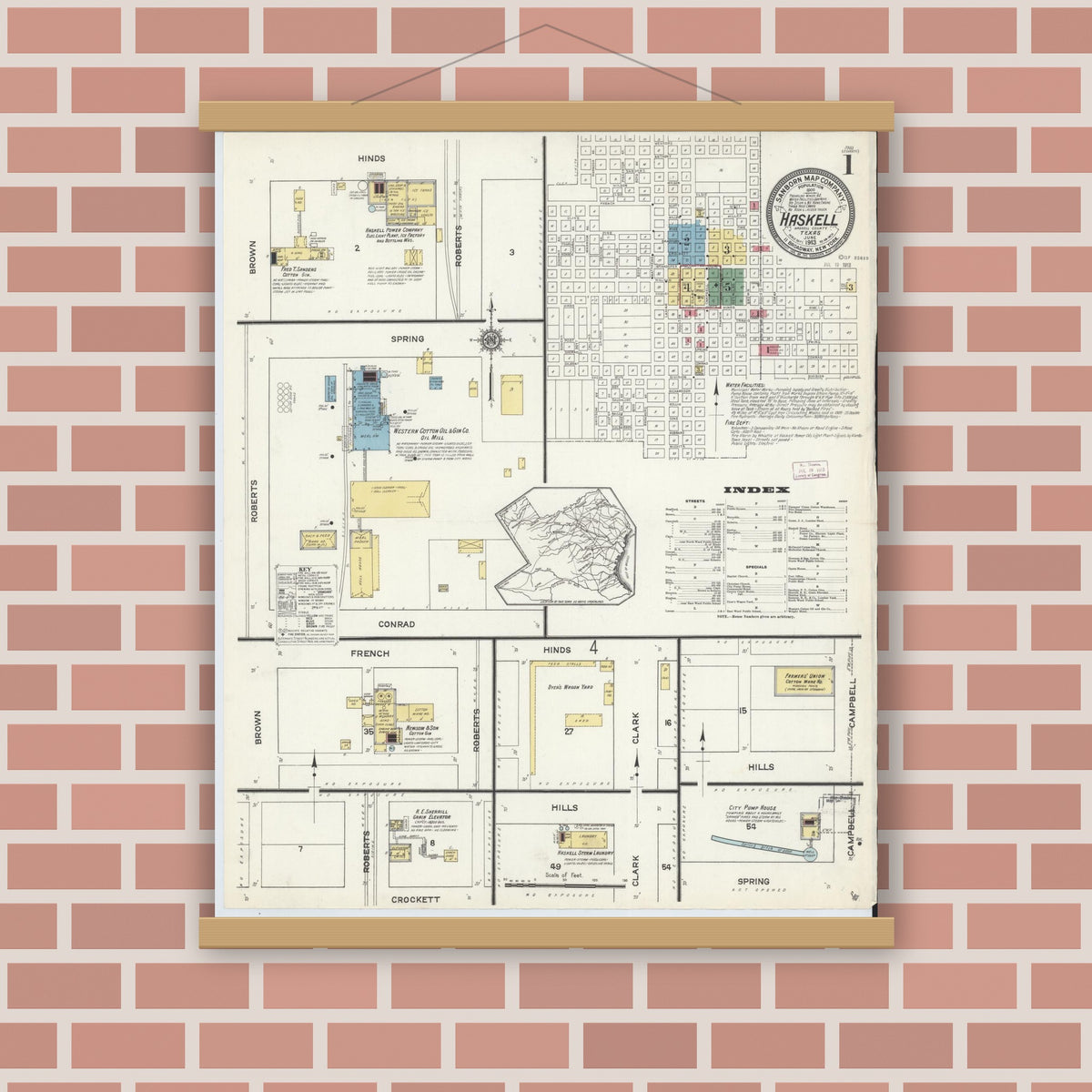 Old map wall art mockup — magnetic wood frame on brick wall — Sanborn Fire Insurance Map from Haskell, Haskell County, Texas (1913), Sheet #0001
