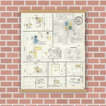 Old map wall art mockup — magnetic wood frame on brick wall — Sanborn Fire Insurance Map from Haskell, Haskell County, Texas (1913), Sheet #0001