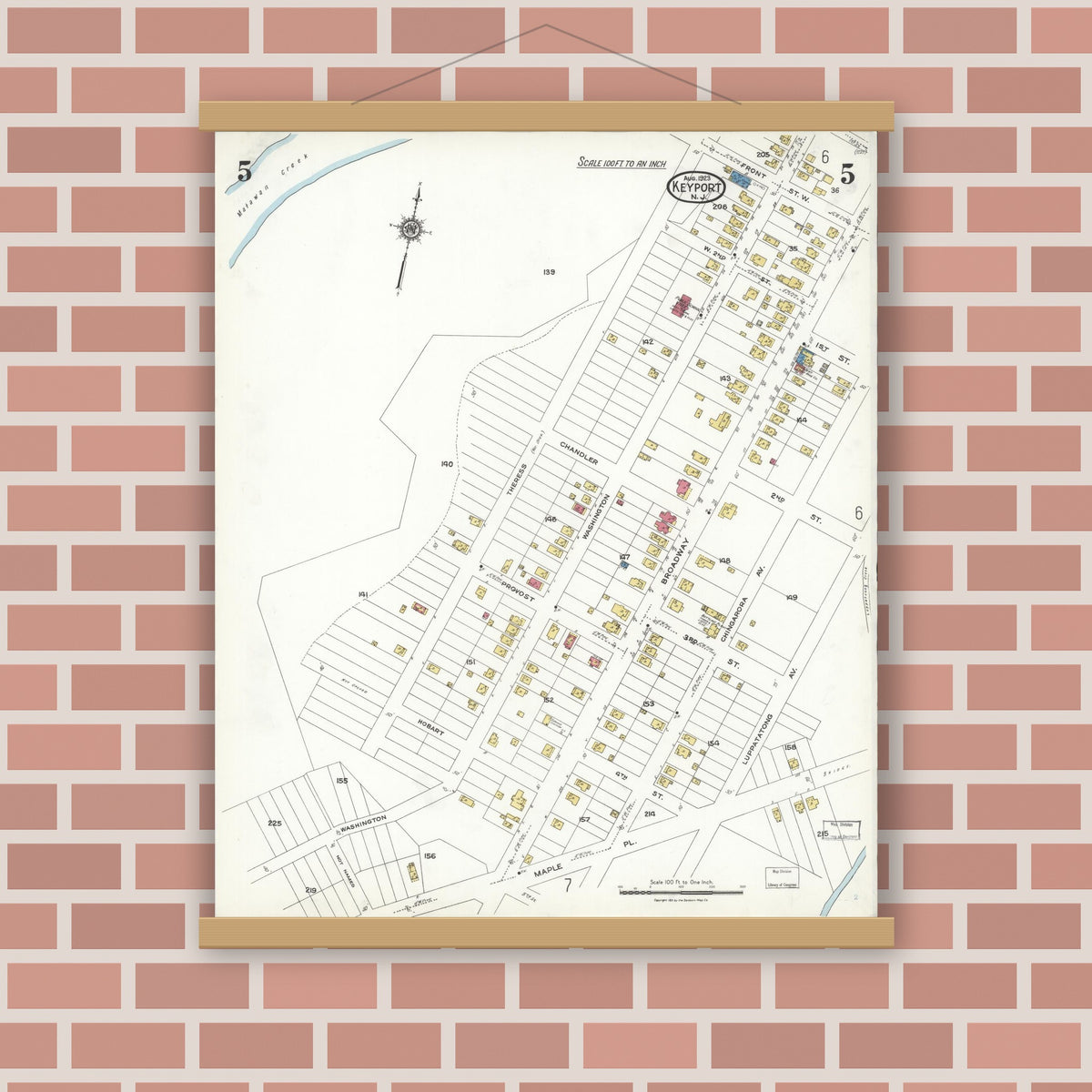 Old map wall art mockup — magnetic wood frame on brick wall — Sanborn Fire Insurance Map from Keyport, Monmouth County, New Jersey (1923), Sheet #0005