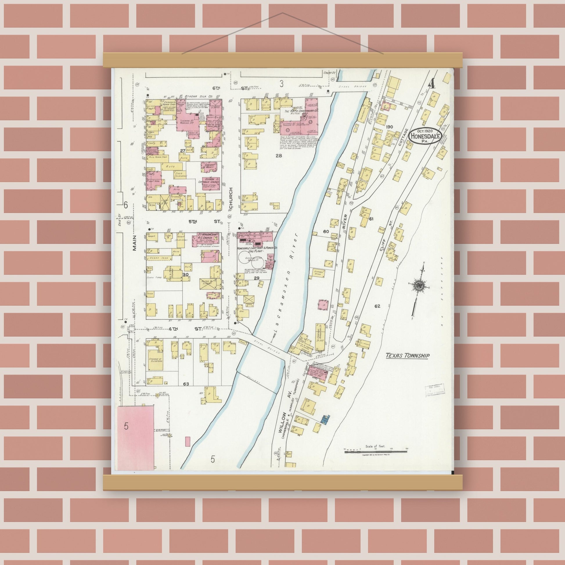 Old map wall art mockup — magnetic wood frame on brick wall — Sanborn Fire Insurance Map from Honesdale, Wayne County, Pennsylvania (1920), Sheet #0004