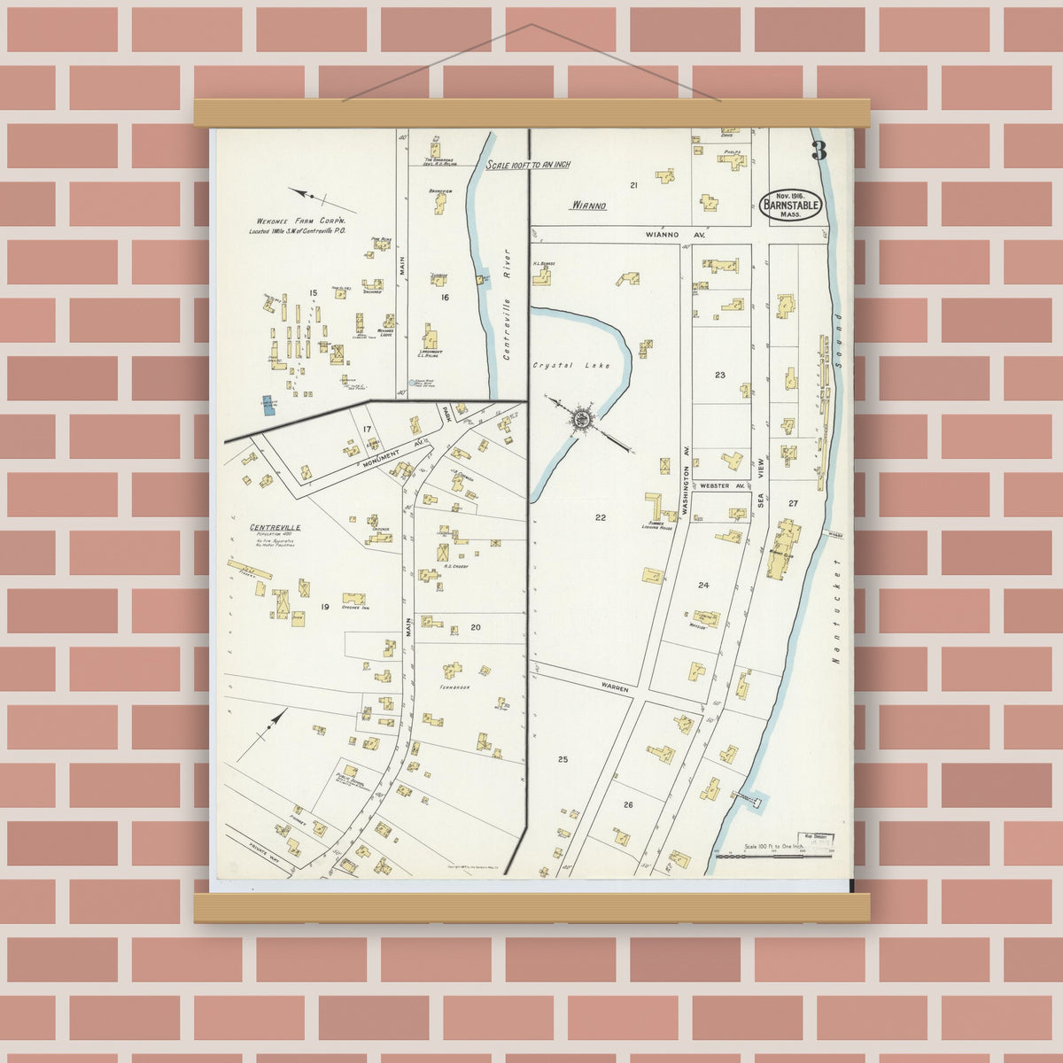 Old map wall art mockup — magnetic wood frame on brick wall — Sanborn Fire Insurance Map from Barnstable, Barnstable County, Massachusetts (1916), Sheet #0003