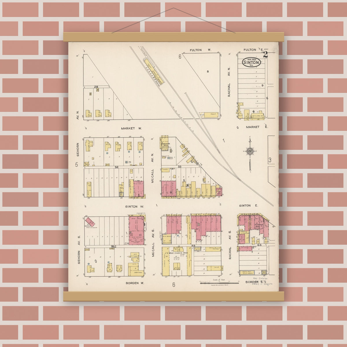 Old map wall art mockup — magnetic wood frame on brick wall — Sanborn Fire Insurance Map from Sinton, San Patricio County, Texas (1922), Sheet #0002