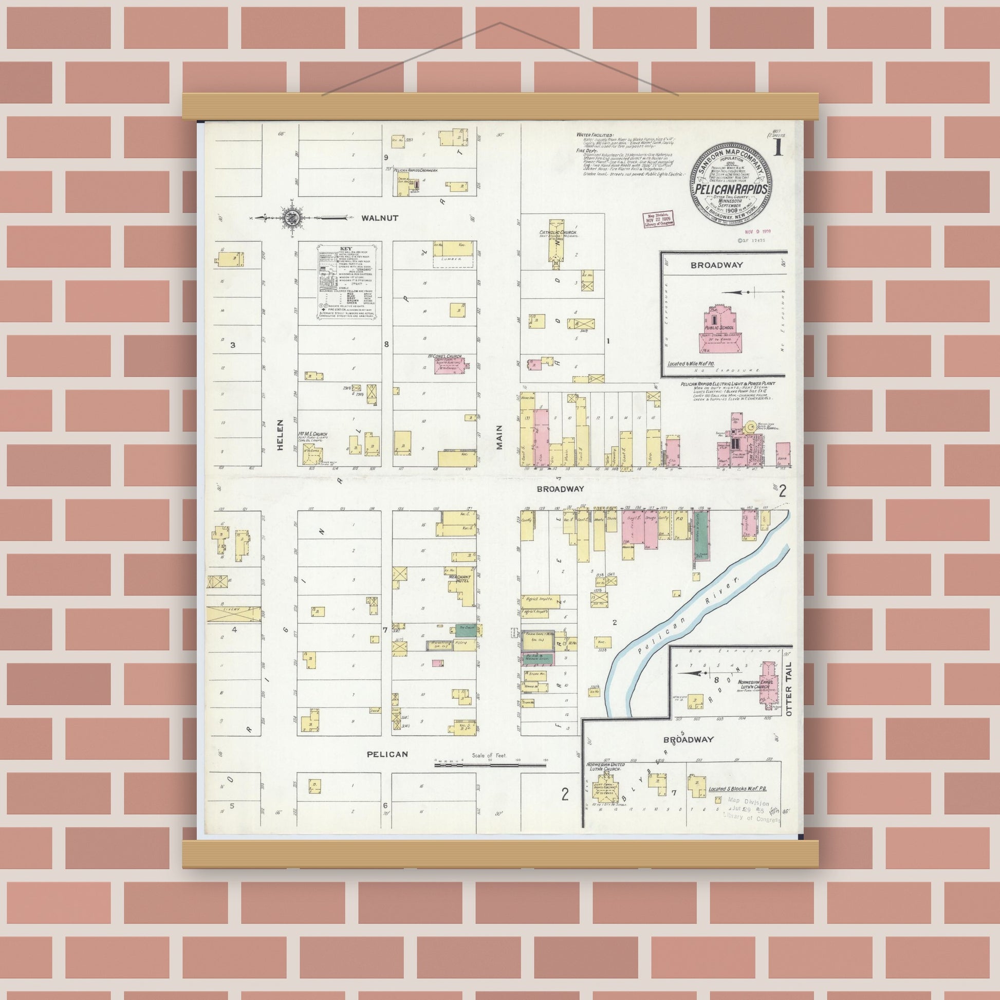Old map wall art mockup — magnetic wood frame on brick wall — Sanborn Fire Insurance Map from Pelican Rapids, Otter Tail County, Minnesota (1909) - Complete Map Set