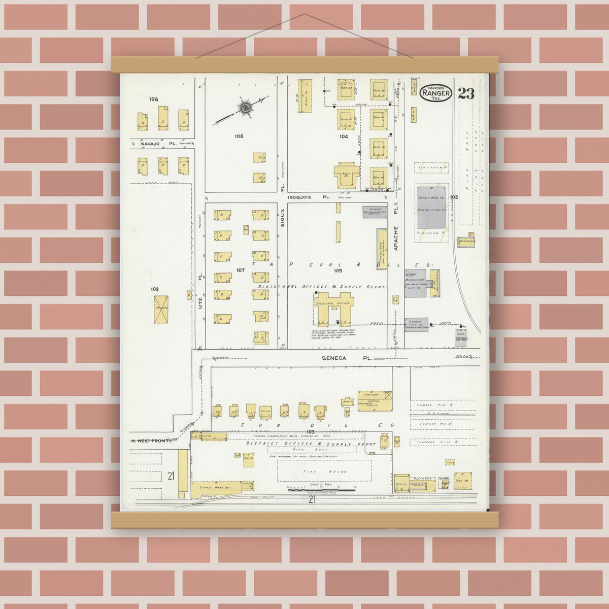 Old map wall art mockup — magnetic wood frame on brick wall — Sanborn Fire Insurance Map from Ranger, Eastland County, Texas (1920), Sheet #0023
