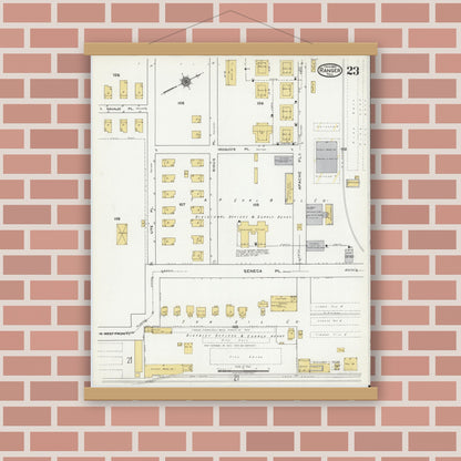 Old map wall art mockup — magnetic wood frame on brick wall — Sanborn Fire Insurance Map from Ranger, Eastland County, Texas (1920), Sheet #0023