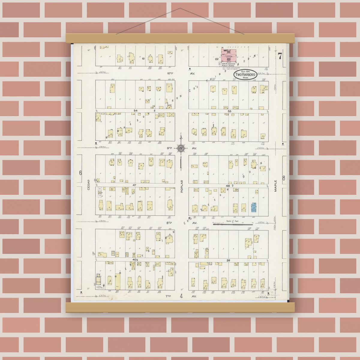Old map wall art mockup — magnetic wood frame on brick wall — Sanborn Fire Insurance Map from Two Harbors, Lake County, Minnesota (1914), Sheet #0007