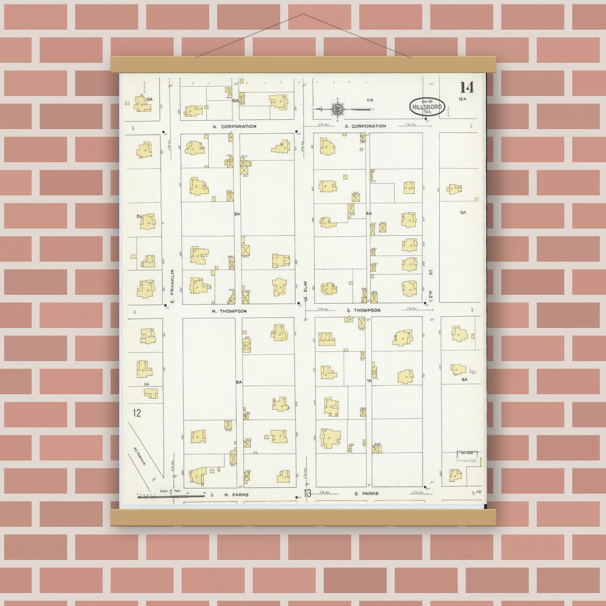 Old map wall art mockup — magnetic wood frame on brick wall — Sanborn Fire Insurance Map from Hillsboro, Hill County, Texas (1911), Sheet #0014
