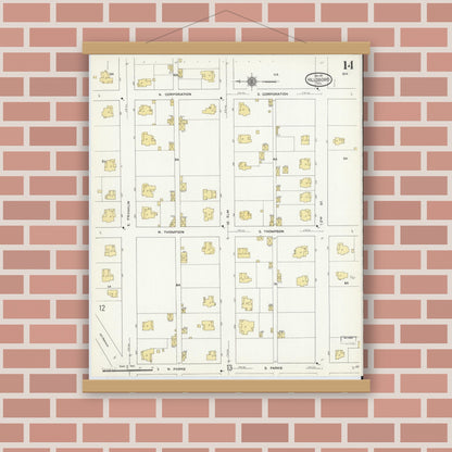Old map wall art mockup — magnetic wood frame on brick wall — Sanborn Fire Insurance Map from Hillsboro, Hill County, Texas (1911), Sheet #0014