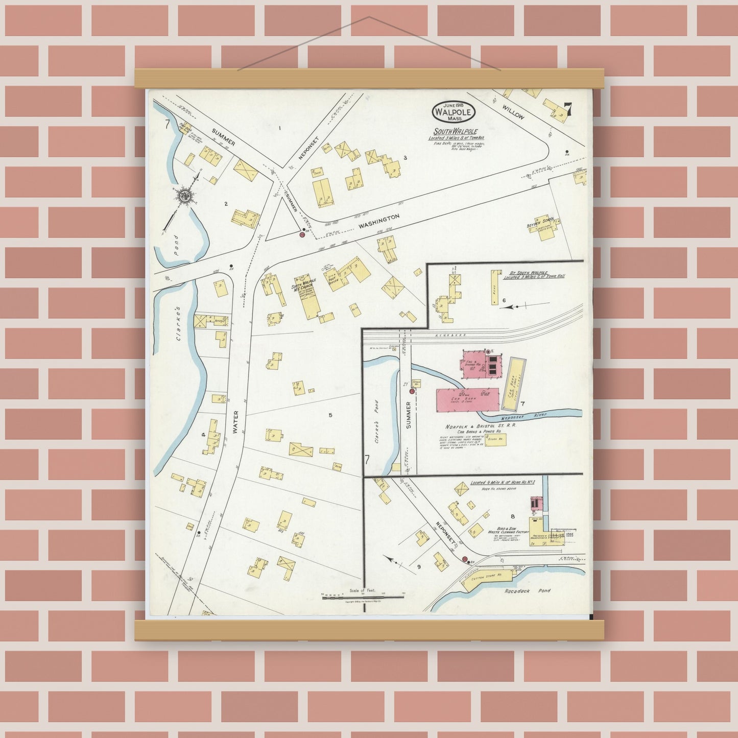 Old map wall art mockup — magnetic wood frame on brick wall — Sanborn Fire Insurance Map from Walpole, Norfolk County, Massachusetts (1918), Sheet #0007