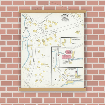 Old map wall art mockup — magnetic wood frame on brick wall — Sanborn Fire Insurance Map from Walpole, Norfolk County, Massachusetts (1918), Sheet #0007