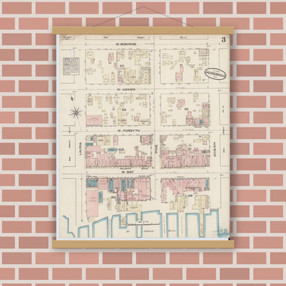 Old map wall art mockup — magnetic wood frame on brick wall — Sanborn Fire Insurance Map from Jacksonville, Duval County, Florida (1884), Sheet #0003
