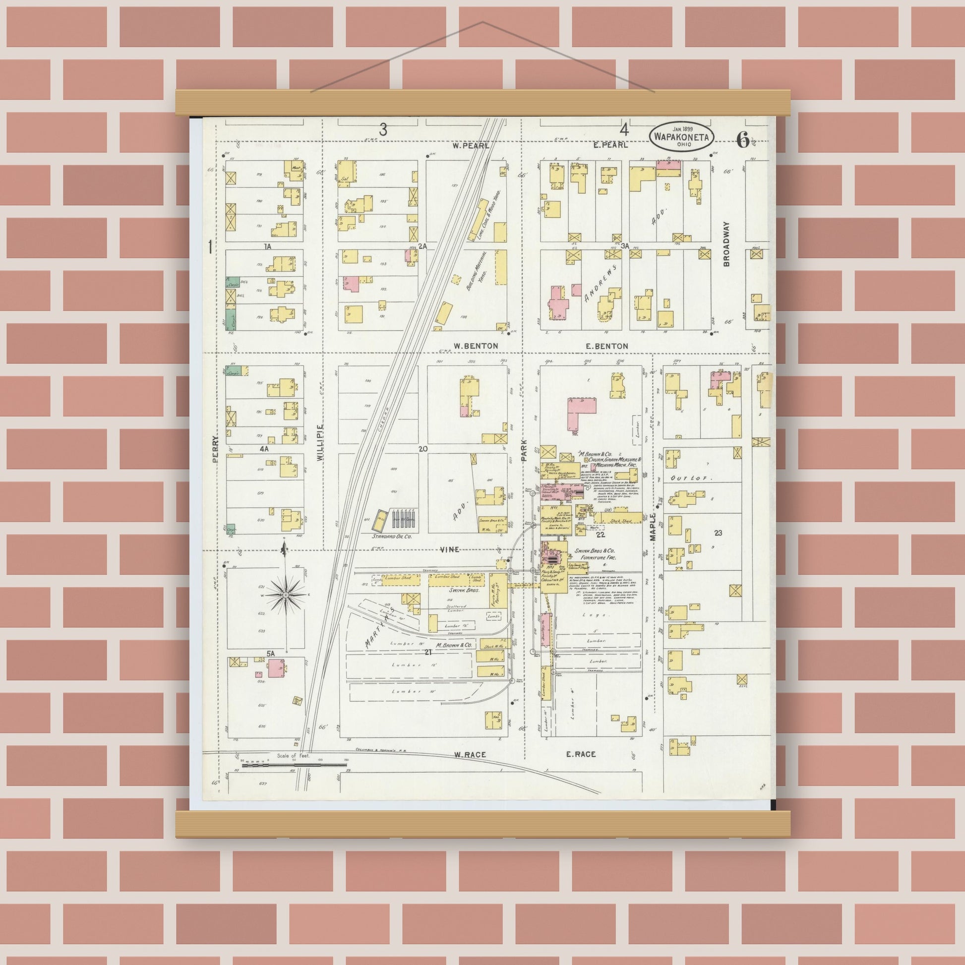 Old map wall art mockup — magnetic wood frame on brick wall — Sanborn Fire Insurance Map from Wapakoneta, Auglaize County, Ohio (1899), Sheet #0006