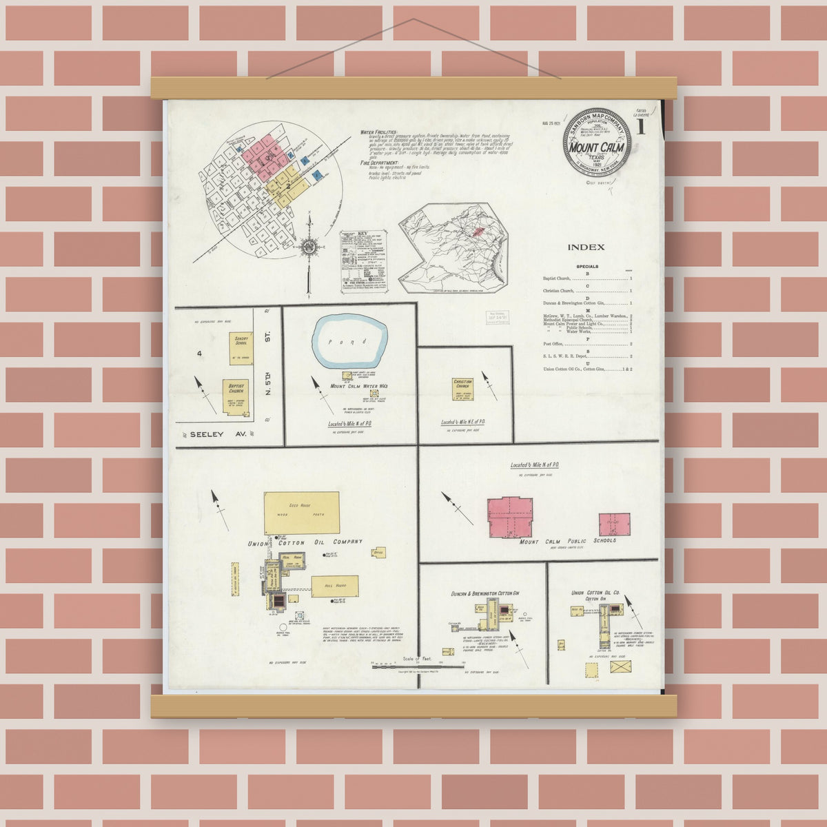 Old map wall art mockup — magnetic wood frame on brick wall — Sanborn Fire Insurance Map from Mount Calm, Hill County, Texas (1921), Sheet #0001