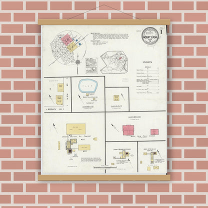 Old map wall art mockup — magnetic wood frame on brick wall — Sanborn Fire Insurance Map from Mount Calm, Hill County, Texas (1921), Sheet #0001