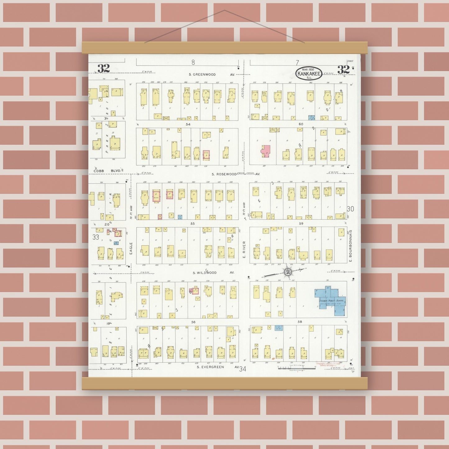 Old map wall art mockup — magnetic wood frame on brick wall — Sanborn Fire Insurance Map from Kankakee, Kankakee County, Illinois (1930), Sheet #0032