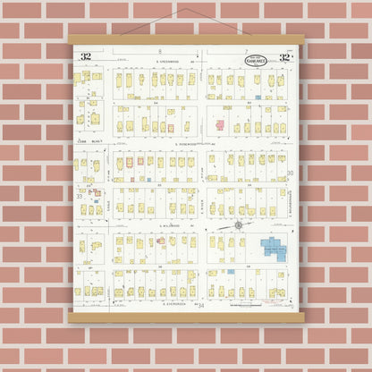 Old map wall art mockup — magnetic wood frame on brick wall — Sanborn Fire Insurance Map from Kankakee, Kankakee County, Illinois (1930), Sheet #0032