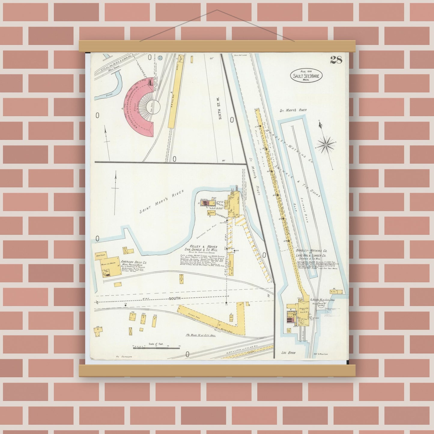 Old map wall art mockup — magnetic wood frame on brick wall — Sanborn Fire Insurance Map from Sault Sainte Marie, Chippewa County, Michigan (1906), Sheet #0028