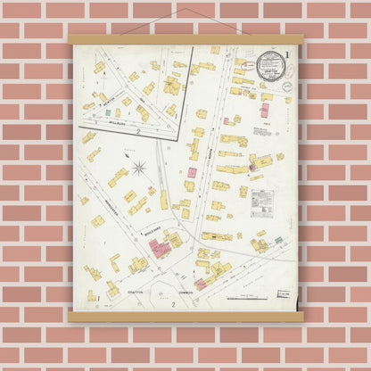 Old map wall art mockup — magnetic wood frame on brick wall — Sanborn Fire Insurance Map from Grafton, Worcester County, Massachusetts (1889), Sheet #0001