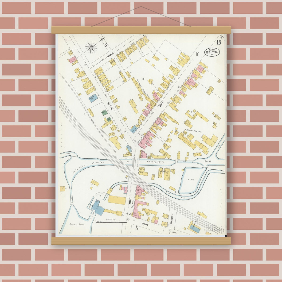 Old map wall art mockup — magnetic wood frame on brick wall — Sanborn Fire Insurance Map from Bristol, Bucks County, Pennsylvania (1903), Sheet #0008