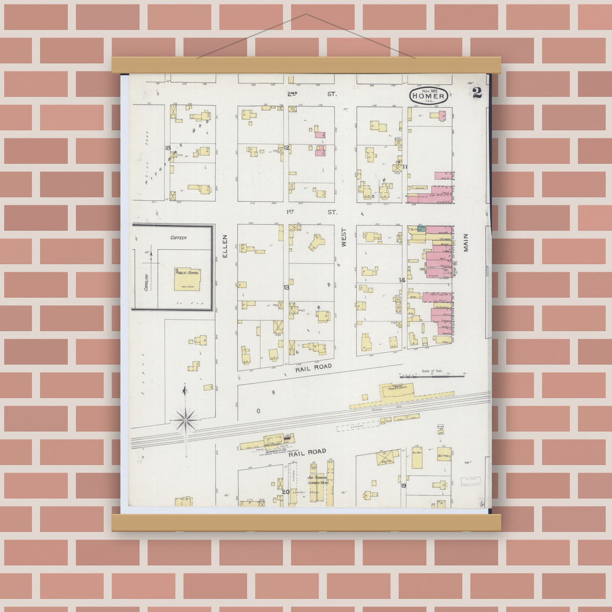 Old map wall art mockup — magnetic wood frame on brick wall — Sanborn Fire Insurance Map from Homer, Champaign County, Illinois (1893), Sheet #0002