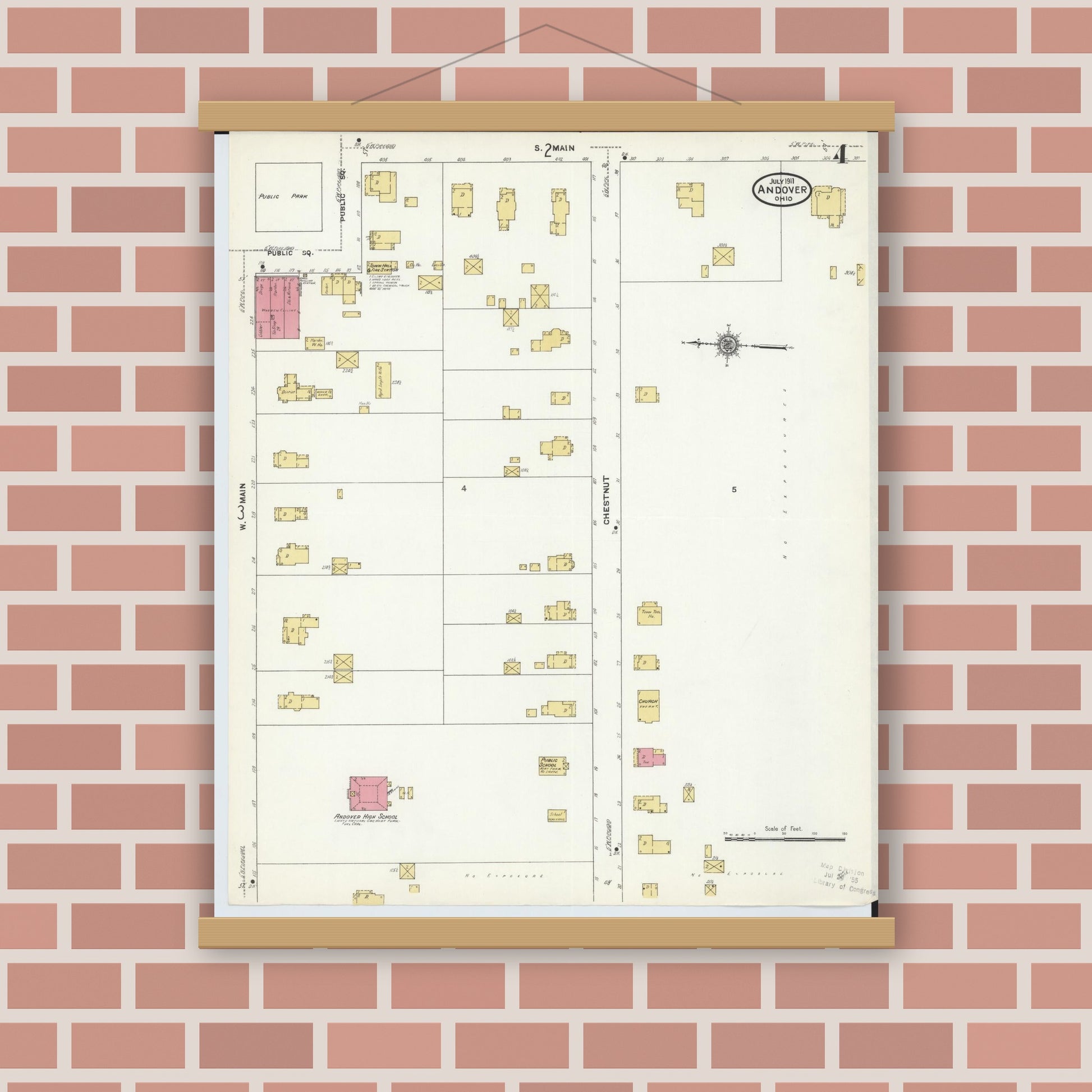 Old map wall art mockup — magnetic wood frame on brick wall — Sanborn Fire Insurance Map from Andover, Ashtabula County, Ohio (1911), Sheet #0004
