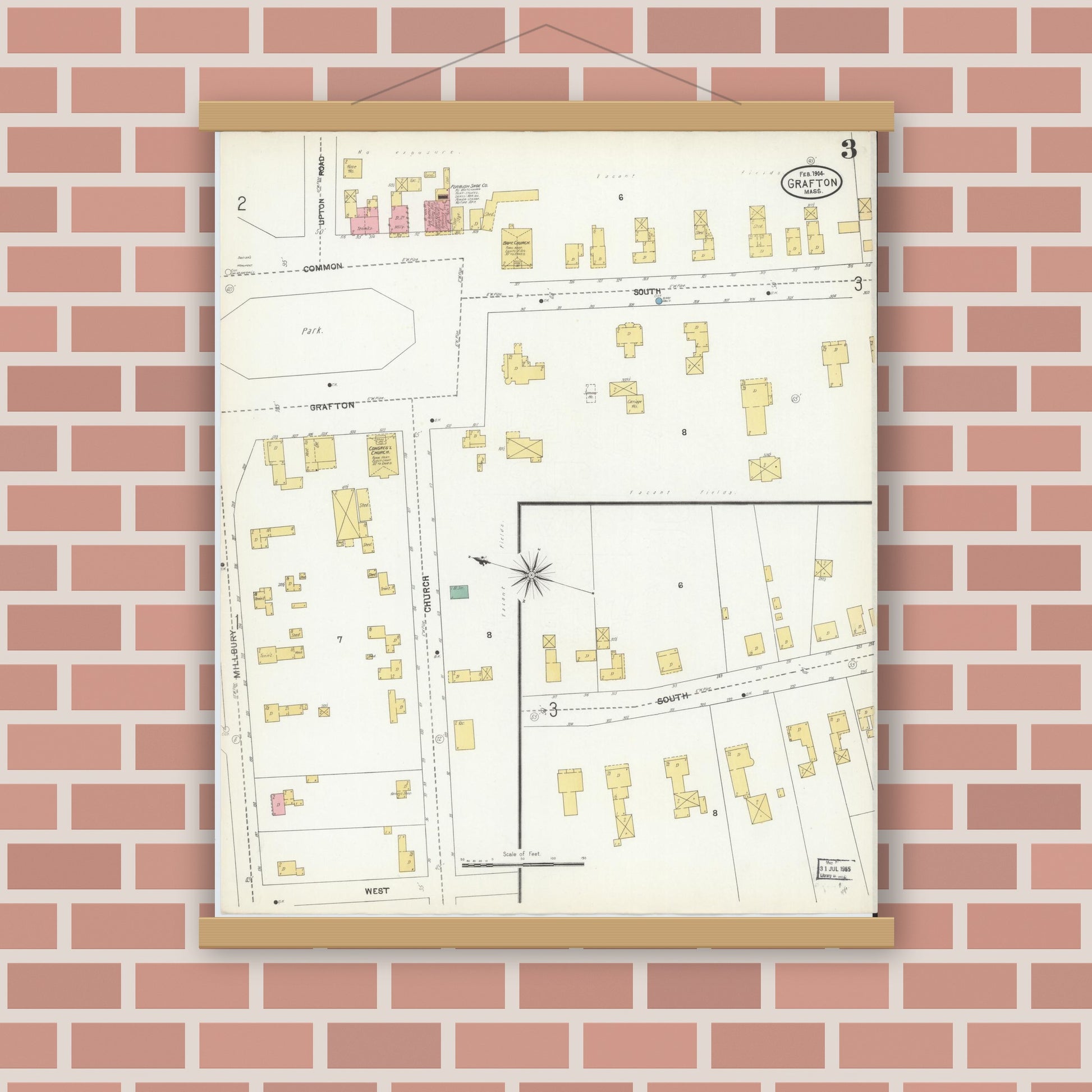 Old map wall art mockup — magnetic wood frame on brick wall — Sanborn Fire Insurance Map from Grafton, Worcester County, Massachusetts (1904), Sheet #0003