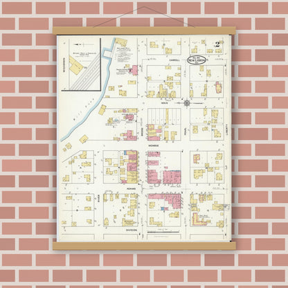 Old map wall art mockup — magnetic wood frame on brick wall — Sanborn Fire Insurance Map from New Lisbon, Juneau County, Wisconsin (1916), Sheet #0002