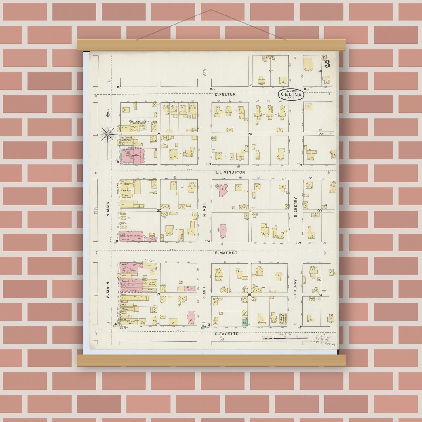 Old map wall art mockup — magnetic wood frame on brick wall — Sanborn Fire Insurance Map from Celina, Mercer County, Ohio (1895), Sheet #0003