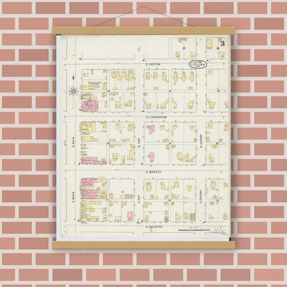 Old map wall art mockup — magnetic wood frame on brick wall — Sanborn Fire Insurance Map from Celina, Mercer County, Ohio (1895), Sheet #0003