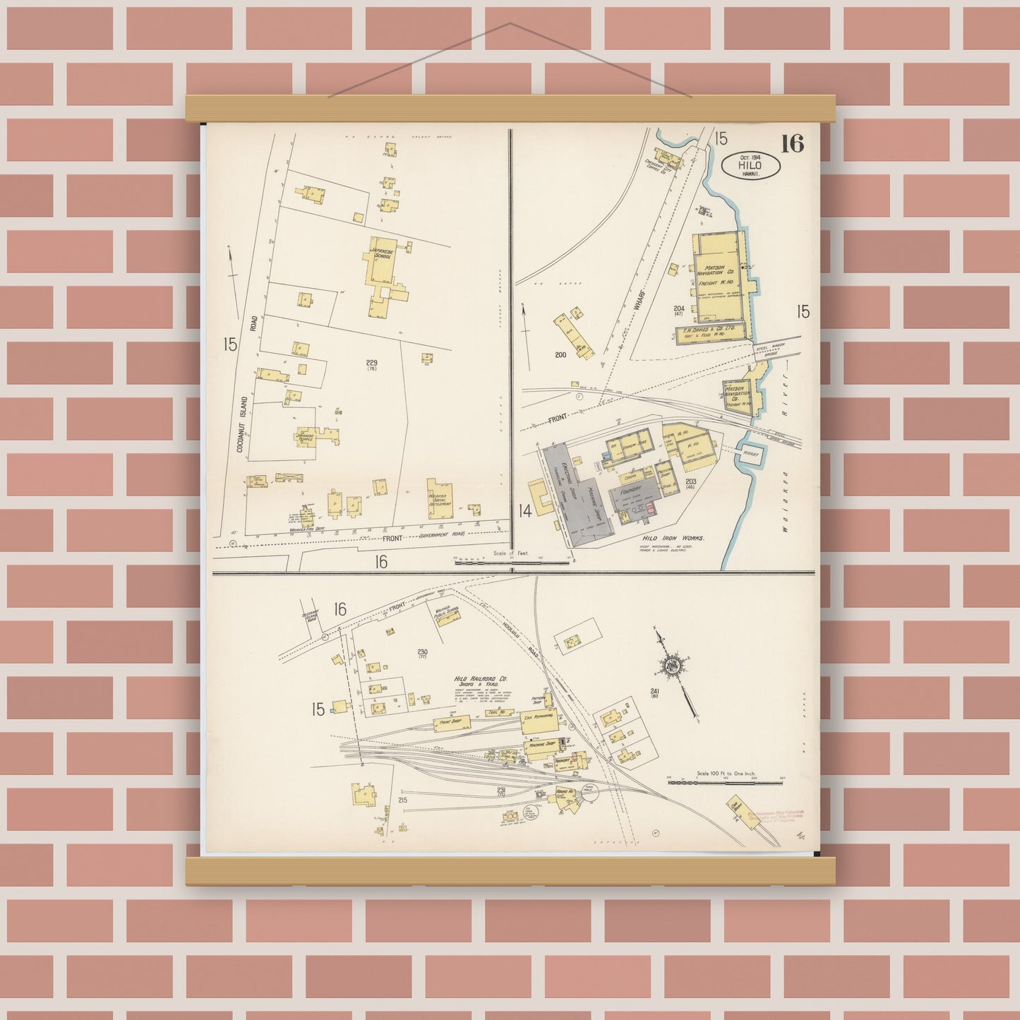 Old map wall art mockup — magnetic wood frame on brick wall — Sanborn Fire Insurance Map from Hilo, Hawaii County, Hawaii (1914), Sheet #0016