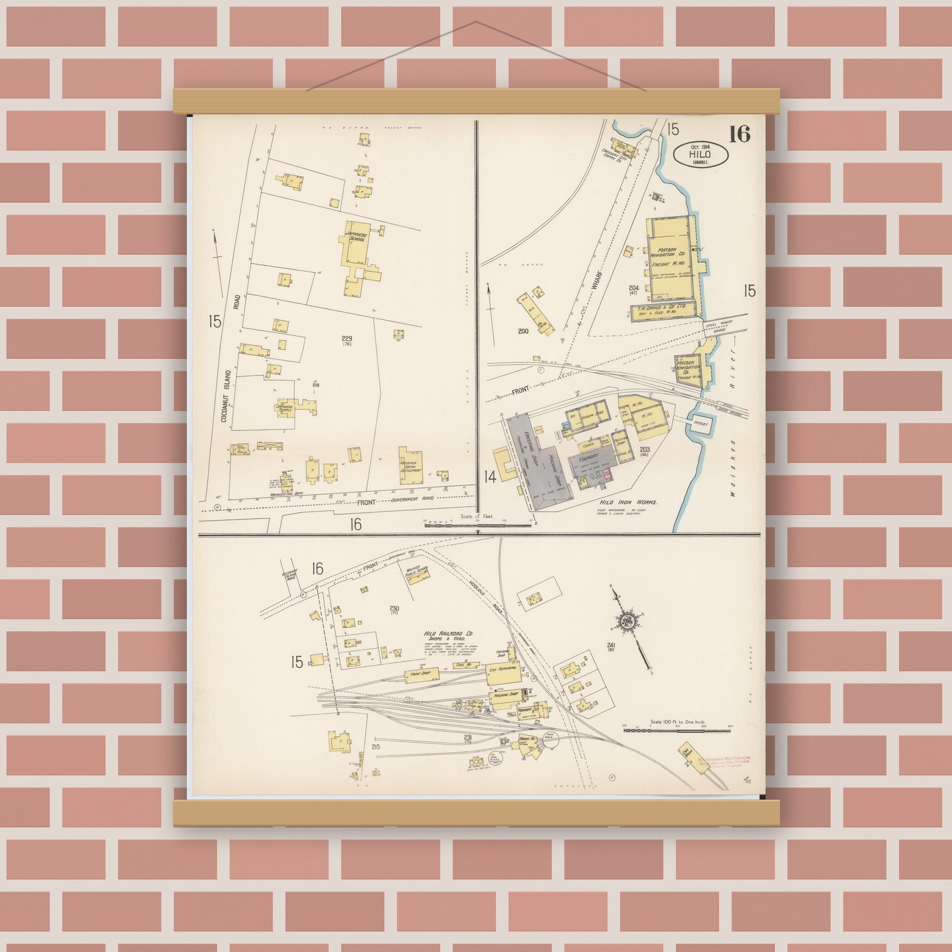 Old map wall art mockup — magnetic wood frame on brick wall — Sanborn Fire Insurance Map from Hilo, Hawaii County, Hawaii (1914), Sheet #0016