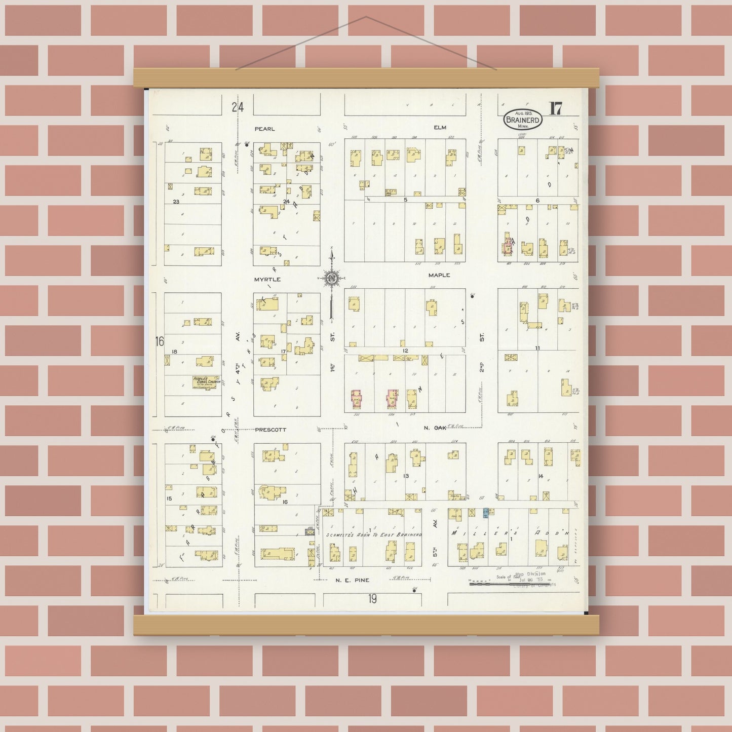 Old map wall art mockup — magnetic wood frame on brick wall — Sanborn Fire Insurance Map from Brainerd, Crow Wing County, Minnesota (1913), Sheet #0017