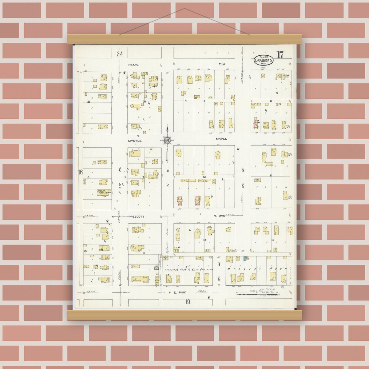 Old map wall art mockup — magnetic wood frame on brick wall — Sanborn Fire Insurance Map from Brainerd, Crow Wing County, Minnesota (1913), Sheet #0017