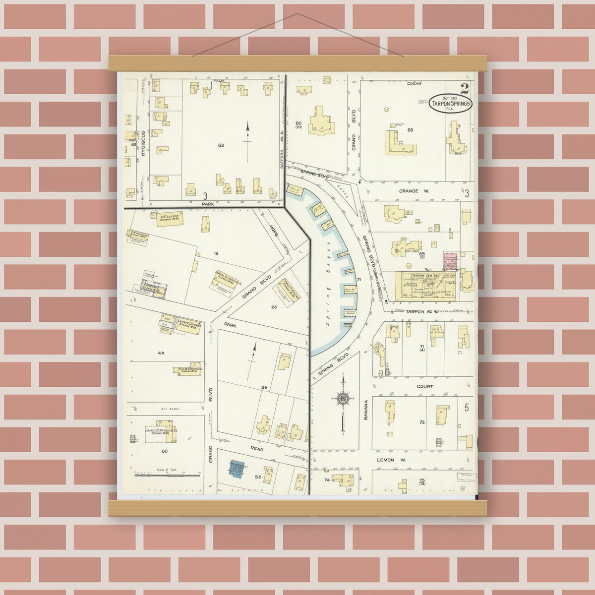 Old map wall art mockup — magnetic wood frame on brick wall — Sanborn Fire Insurance Map from Tarpon Springs, Pinellas County, Florida (1913), Sheet #0002