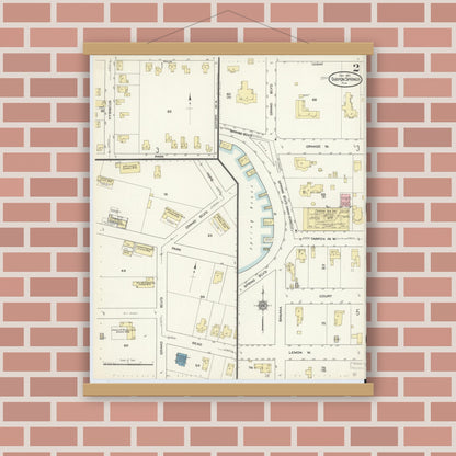Old map wall art mockup — magnetic wood frame on brick wall — Sanborn Fire Insurance Map from Tarpon Springs, Pinellas County, Florida (1913), Sheet #0002