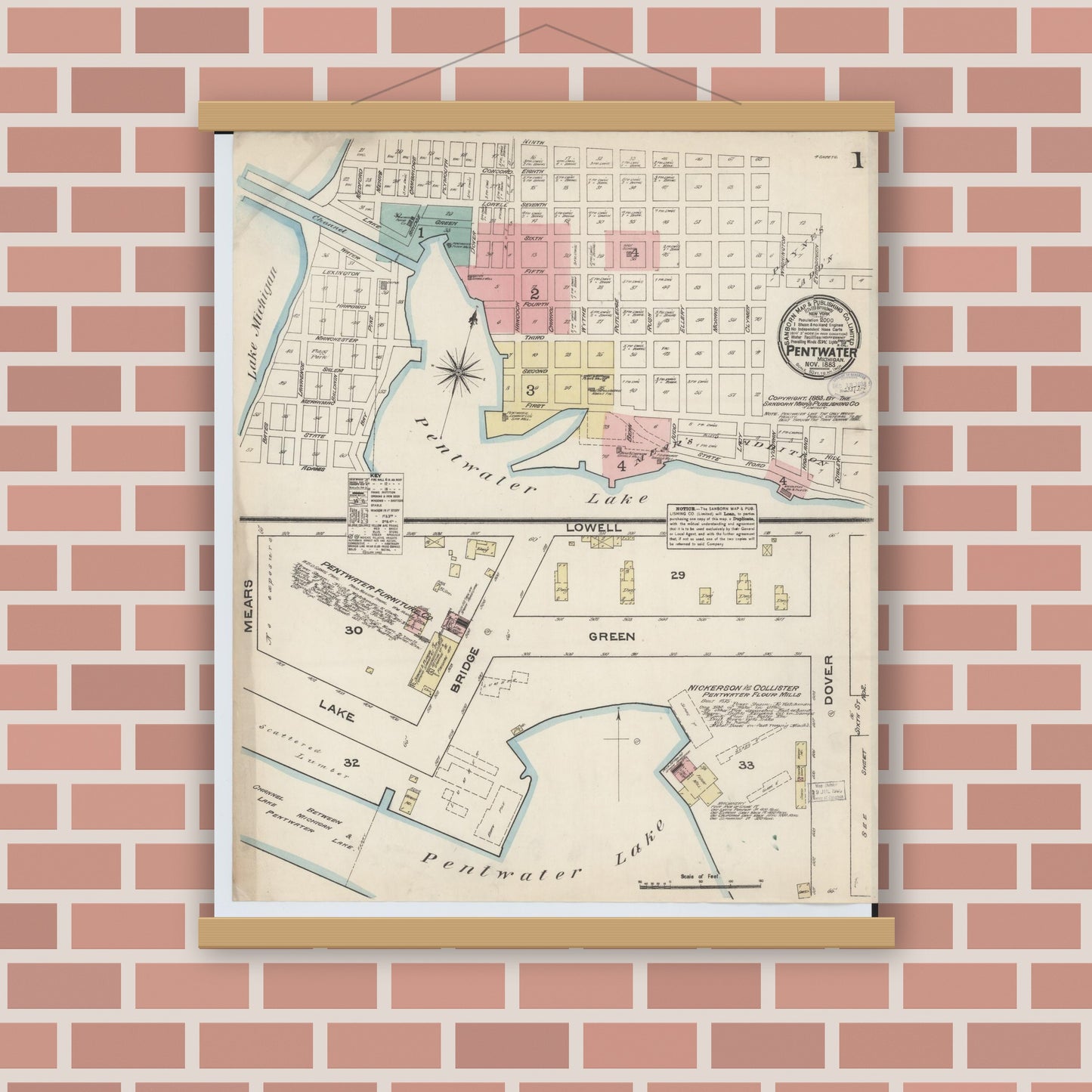Old map wall art mockup — magnetic wood frame on brick wall — Sanborn Fire Insurance Map from Pentwater, Oceana County, Michigan (1883) - Complete Map Set