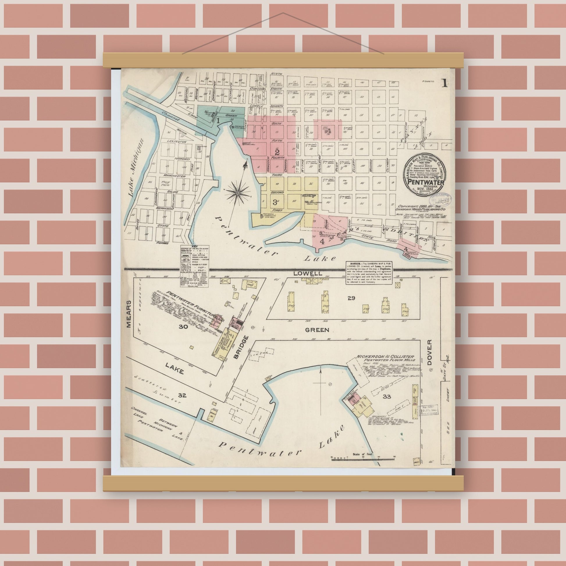 Old map wall art mockup — magnetic wood frame on brick wall — Sanborn Fire Insurance Map from Pentwater, Oceana County, Michigan (1883) - Complete Map Set