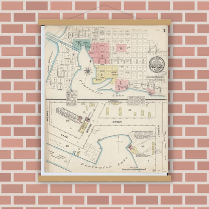 Old map wall art mockup — magnetic wood frame on brick wall — Sanborn Fire Insurance Map from Pentwater, Oceana County, Michigan (1883) - Complete Map Set