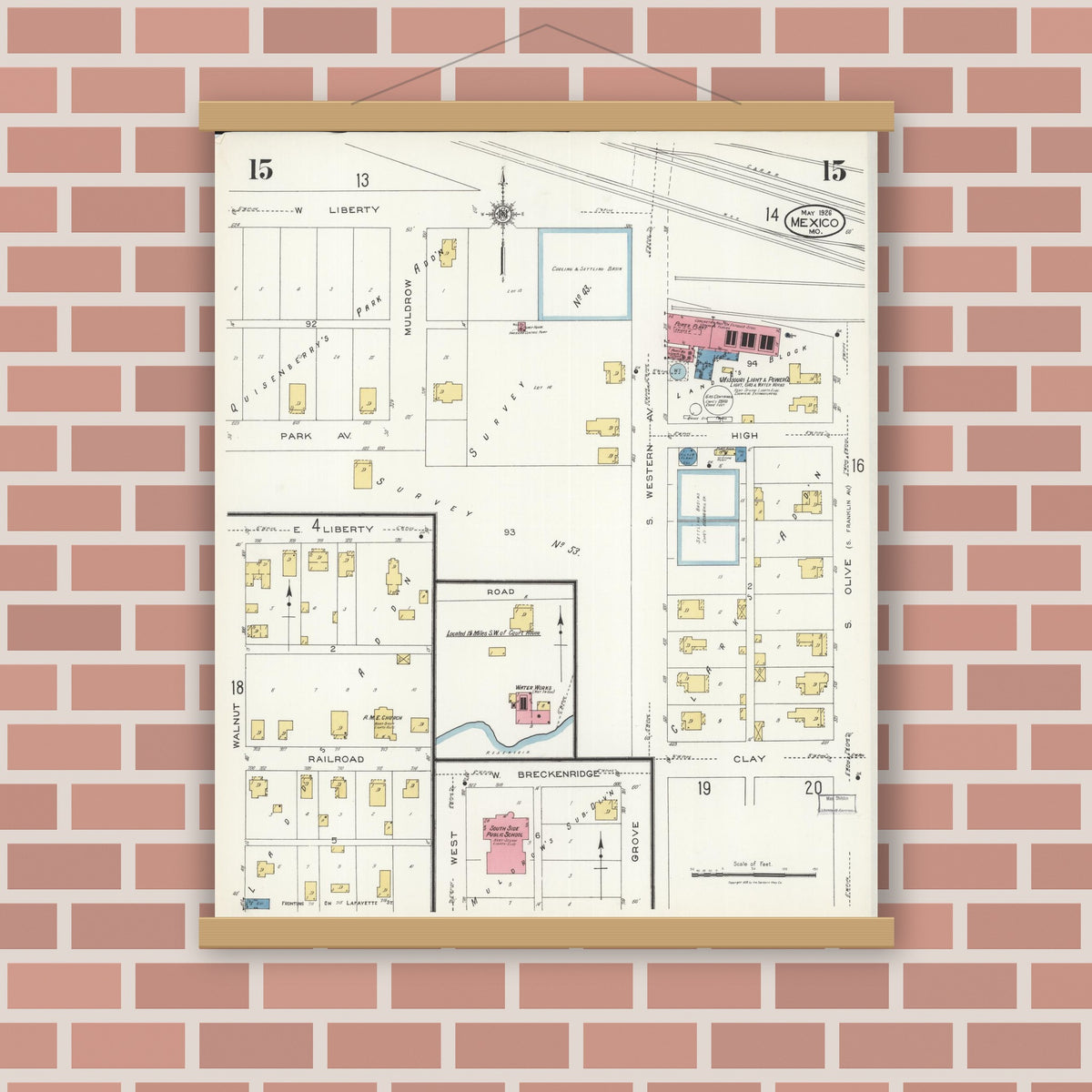Old map wall art mockup — magnetic wood frame on brick wall — Sanborn Fire Insurance Map from Mexico, Audrain County, Missouri (1926), Sheet #0015