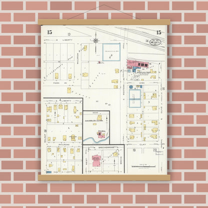 Old map wall art mockup — magnetic wood frame on brick wall — Sanborn Fire Insurance Map from Mexico, Audrain County, Missouri (1926), Sheet #0015