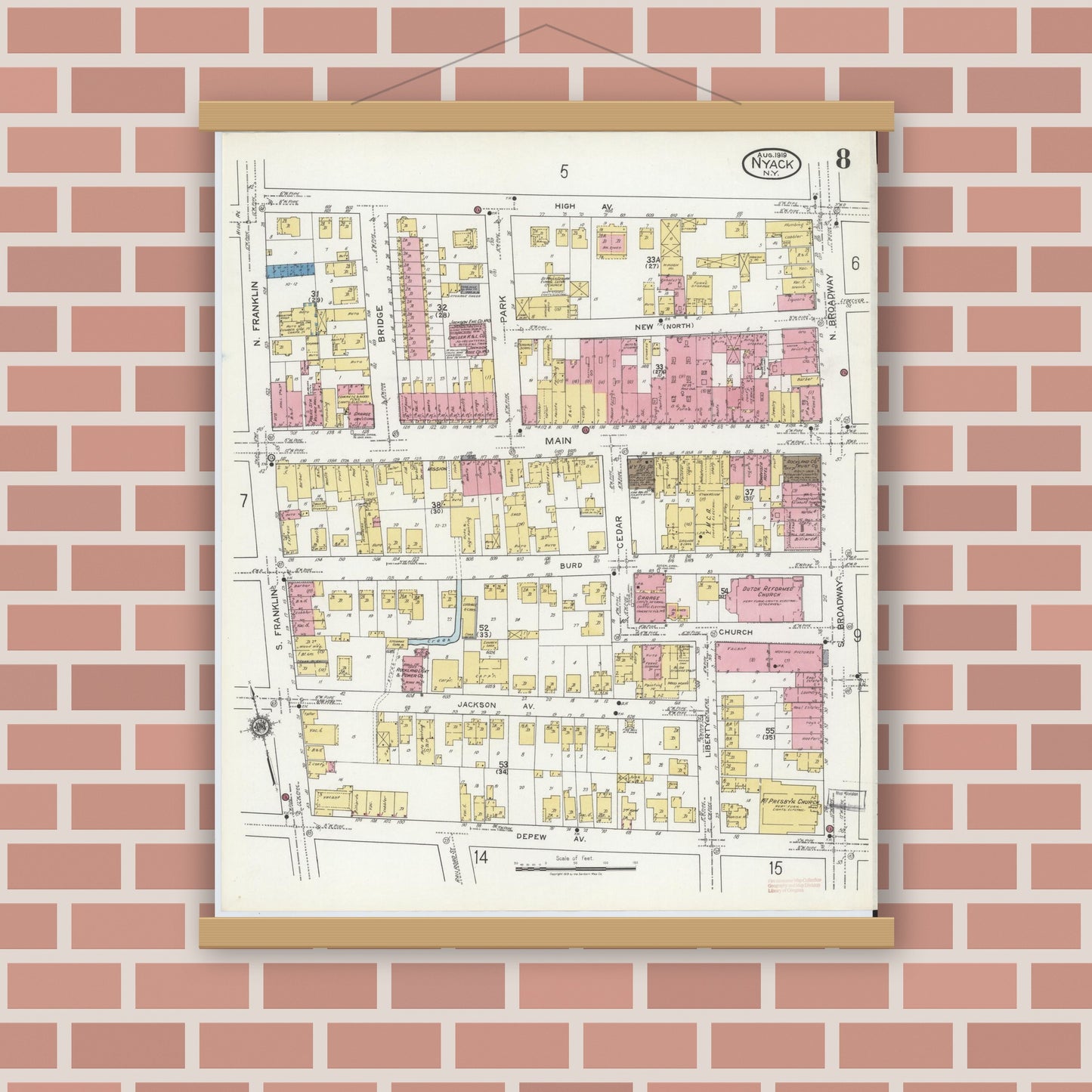 Old map wall art mockup — magnetic wood frame on brick wall — Sanborn Fire Insurance Map from Nyack, Rockland County, New York. (1919), Sheet #0008