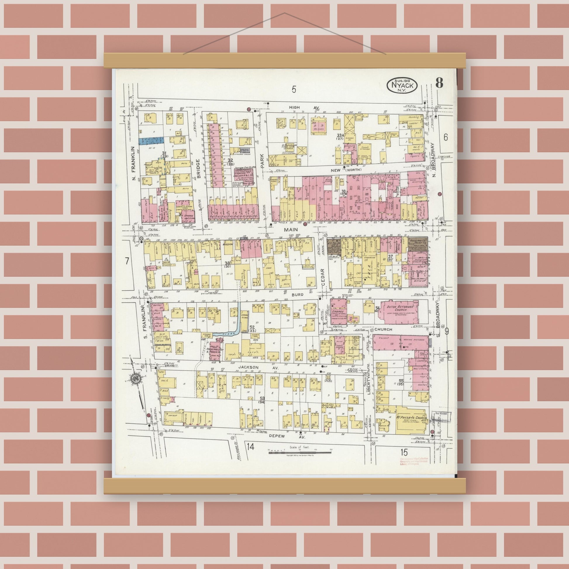 Old map wall art mockup — magnetic wood frame on brick wall — Sanborn Fire Insurance Map from Nyack, Rockland County, New York. (1919), Sheet #0008