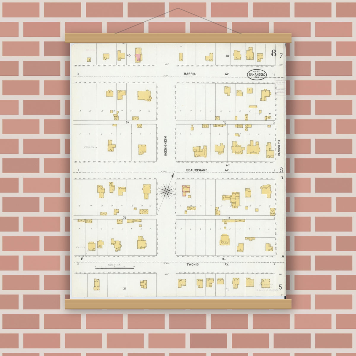 Old map wall art mockup — magnetic wood frame on brick wall — Sanborn Fire Insurance Map from San Angelo, Tom Green County, Texas (1900), Sheet #0008