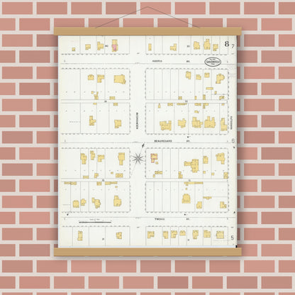 Old map wall art mockup — magnetic wood frame on brick wall — Sanborn Fire Insurance Map from San Angelo, Tom Green County, Texas (1900), Sheet #0008